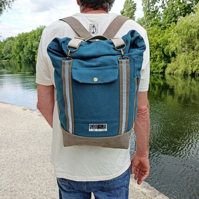 Sac à dos coursier toile coton Thébes vert/beige