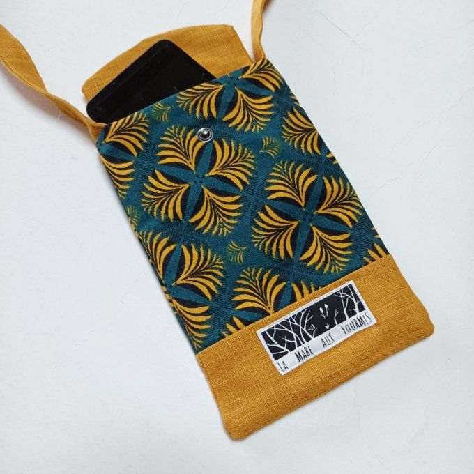 Pochette téléphone portable - Lin lavé moutarde et motifs indiens verts