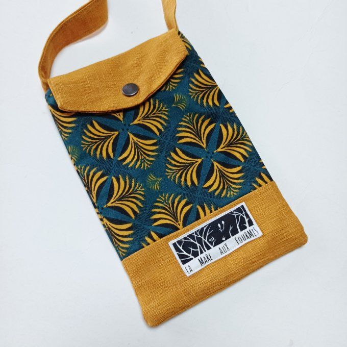 Pochette téléphone portable - Lin lavé moutarde et motifs indiens verts