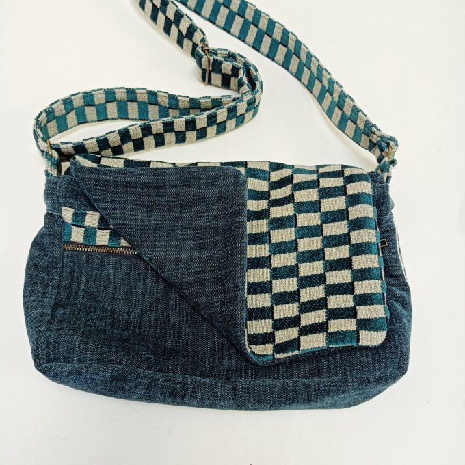 Besace velours Rober bleu - Rabat tapissier Damier