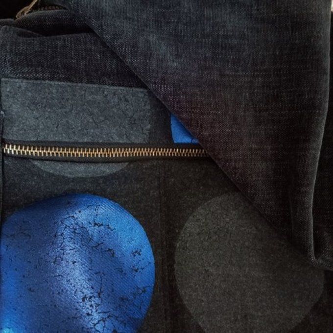 Besace velours noir - Drap de laine Points bleus JAB