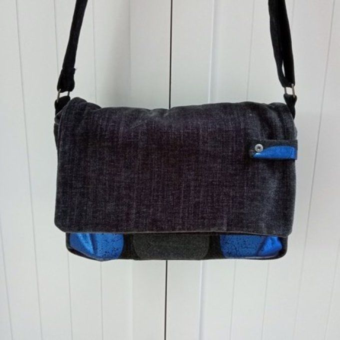 Besace velours noir - Drap de laine Points bleus JAB