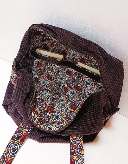 Sac we velours côtelé chocolat - Coton imprimé Soweto