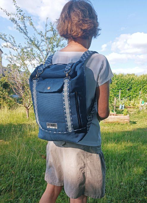 Sac à dos coursier toile coton Thèbes bleu / éventails