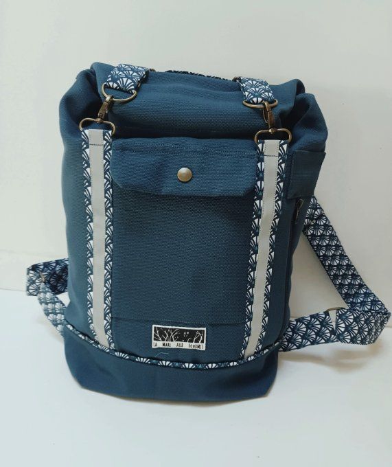 Sac à dos coursier toile coton Thèbes bleu / éventails