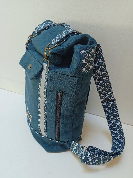Sac à dos coursier toile coton Thèbes bleu / éventails