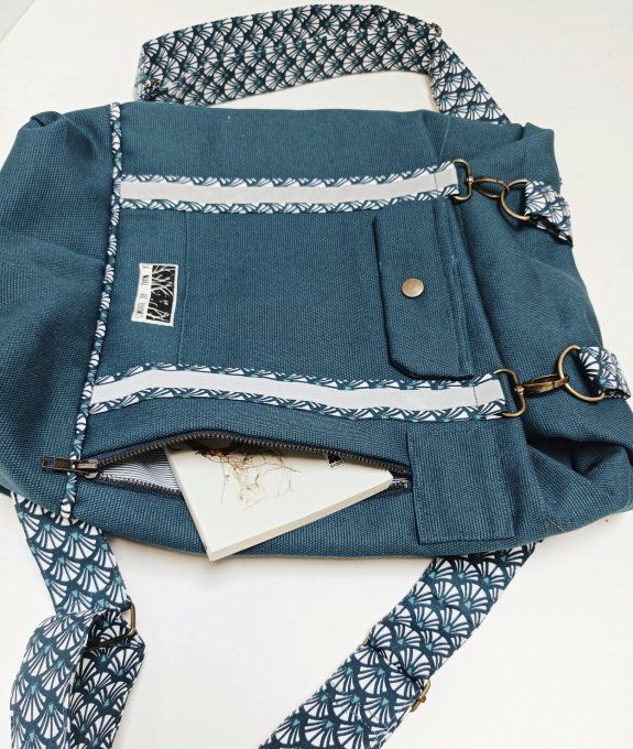 Sac à dos coursier toile coton Thèbes bleu / éventails