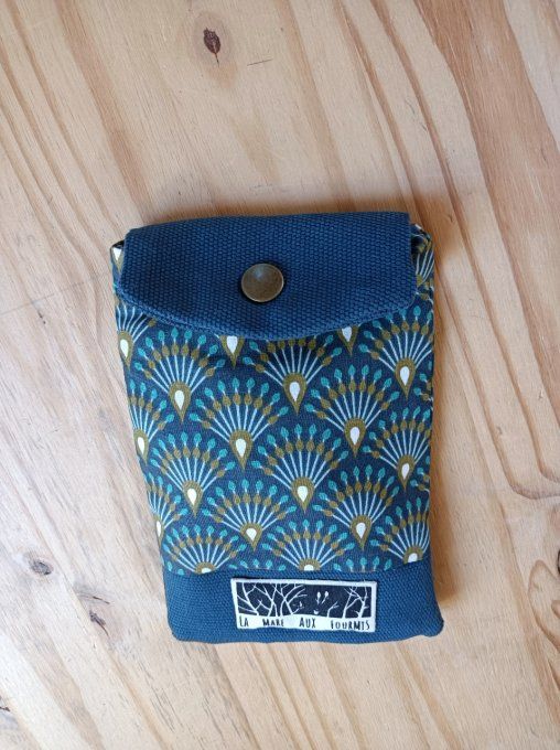 Pochette spéciale téléphone- Coton imprimé Art déco- Toile Canvas bleue
