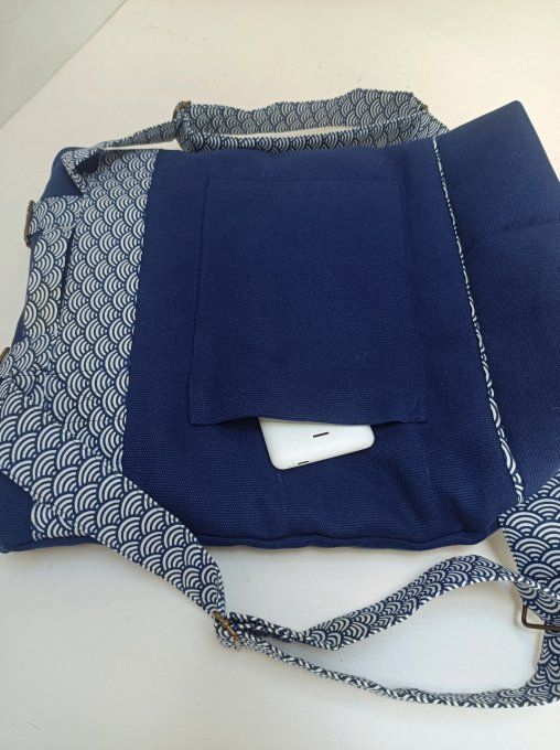 Sac à dos coursier toile coton Thèbes bleu outremer - imprimé vagues