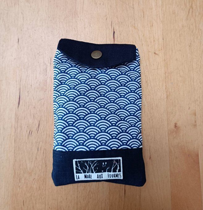 Pochette téléphone portable - Lin lavé bleu nuit et coton imprimé japonais
