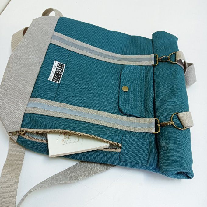 Sac à dos coursier toile coton Thébes vert/beige