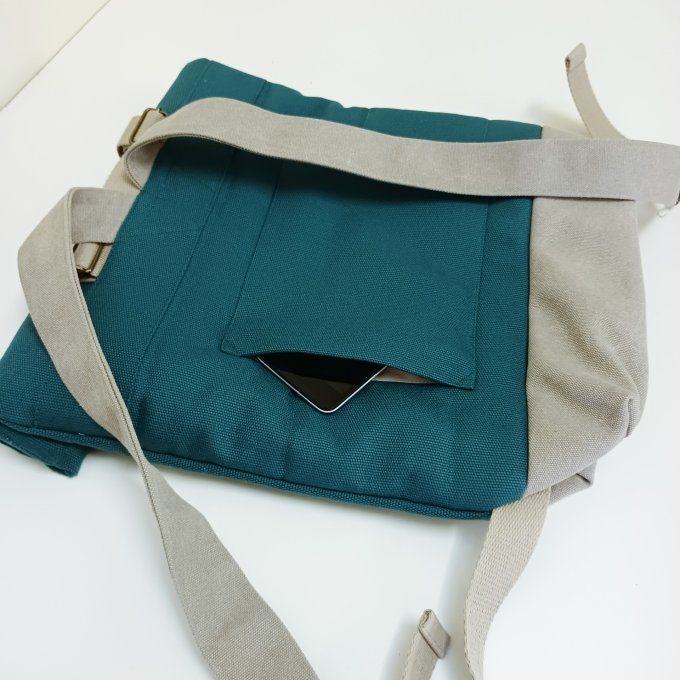 Sac à dos coursier toile coton Thébes vert/beige