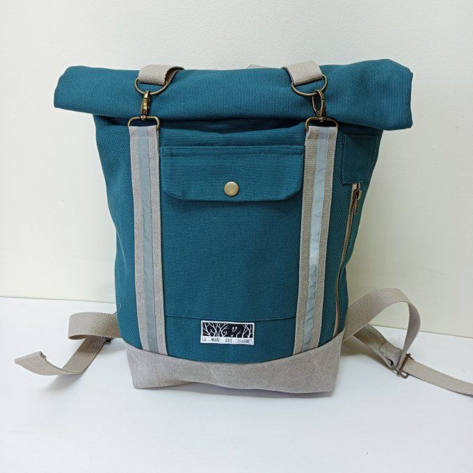 Sac à dos coursier toile coton Thébes vert/beige