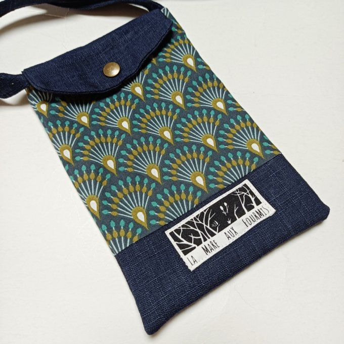 Pochette téléphone portable - Lin marine et coton imprimé éventails