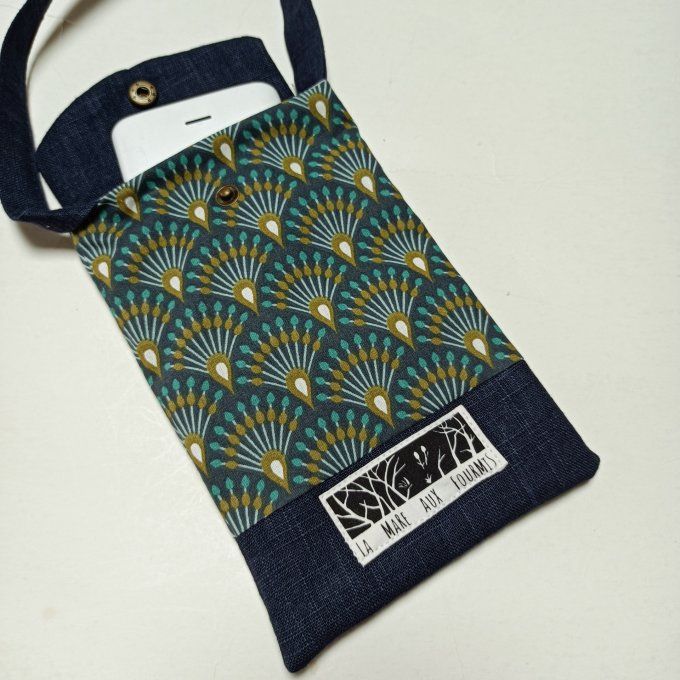 Pochette téléphone portable - Lin marine et coton imprimé éventails