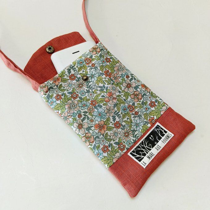 Pochette téléphone portable - Lin uni brique / coton fleurs