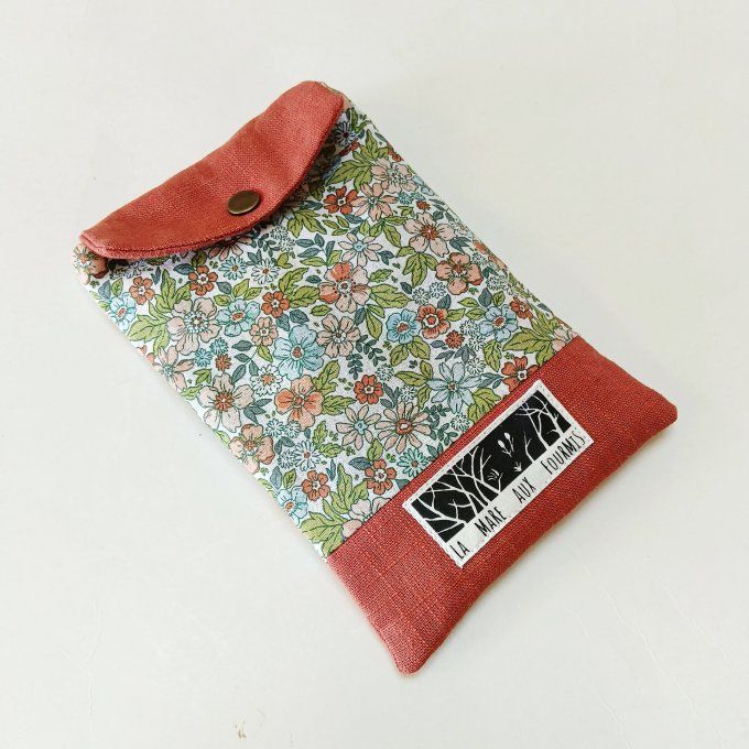 Pochette téléphone portable - Lin uni brique / coton fleurs