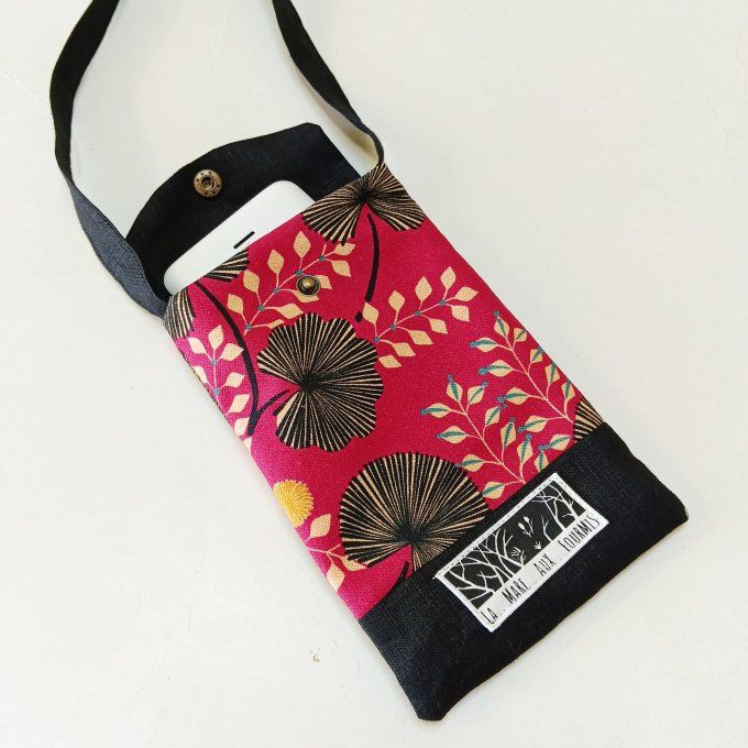 Pochette téléphone portable - Toile coton Pondichery rose / lin uni noir