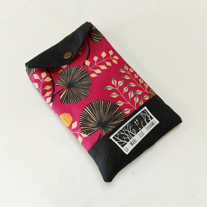 Pochette téléphone portable - Toile coton Pondichery rose / lin uni noir