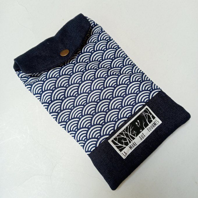 Pochette téléphone portable - Lin lavé marine / coton japonais vagues