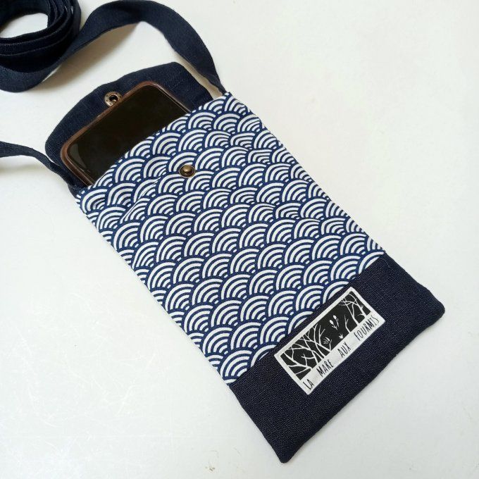 Pochette téléphone portable - Lin lavé marine / coton japonais vagues