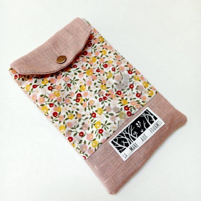Pochette téléphone portable - Lin lavé rose / coton Liberty fleurs