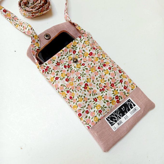 Pochette téléphone portable - Lin lavé rose / coton Liberty fleurs