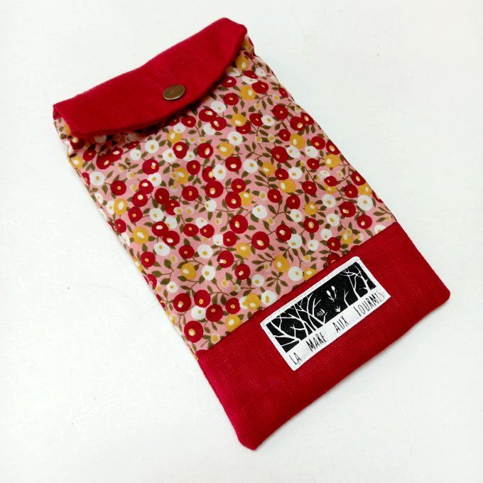 Pochette téléphone portable - Lin lavé rouge / coton Liberty fleurs