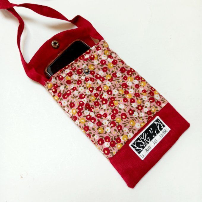 Pochette téléphone portable - Lin lavé rouge / coton Liberty fleurs