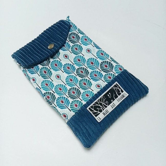 Pochette téléphone portable - Velours côtelé bleu / coton plumes