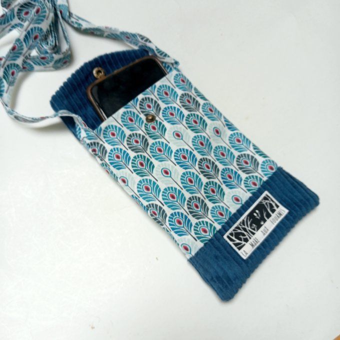 Pochette téléphone portable - Velours côtelé bleu / coton plumes