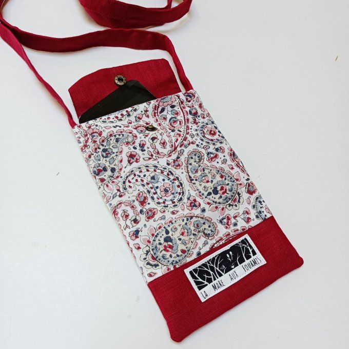 Pochette téléphone portable - Lin lavé rouge et motifs indiens