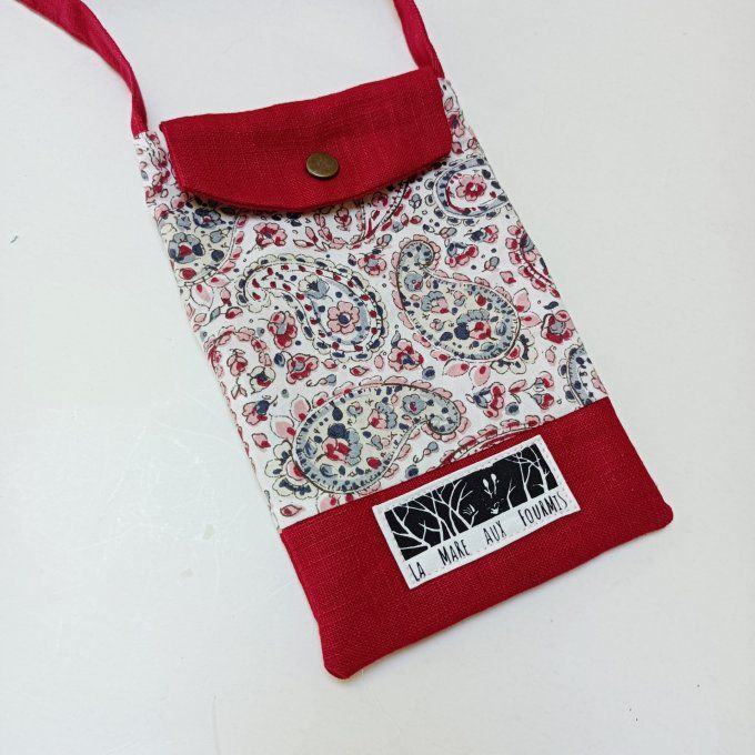 Pochette téléphone portable - Lin lavé rouge et motifs indiens