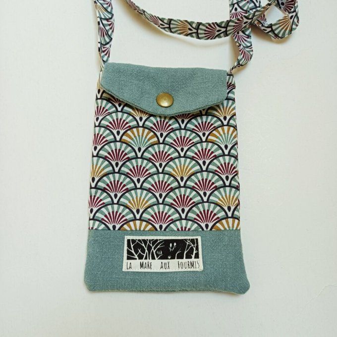 Pochette téléphone portable - Lin lavé vert et imprimé japonais