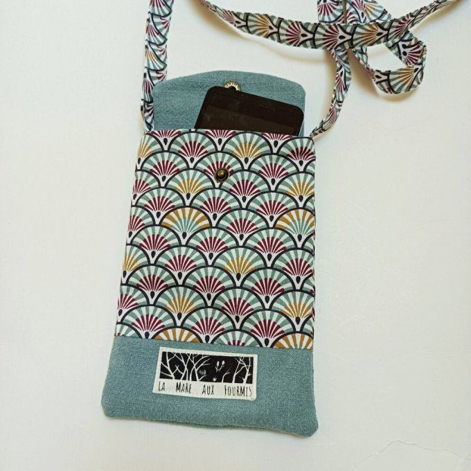 Pochette téléphone portable - Lin lavé vert et imprimé japonais