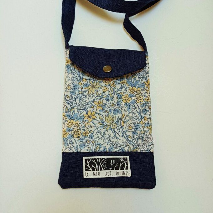 Pochette téléphone portable - Lin lavé bleu Navy - Coton Liberty