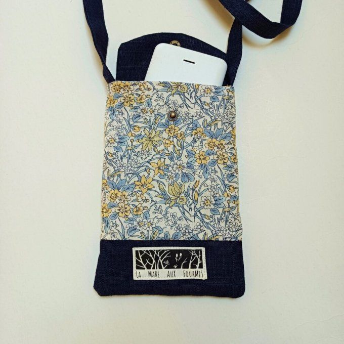 Pochette téléphone portable - Lin lavé bleu Navy - Coton Liberty
