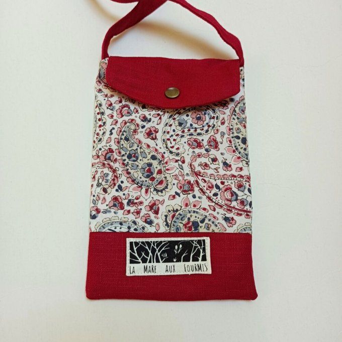 Pochette téléphone portable - Lin lavé rouge- Coton imprimé