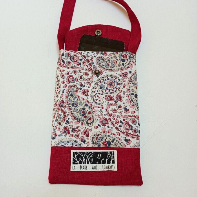 Pochette téléphone portable - Lin lavé rouge- Coton imprimé