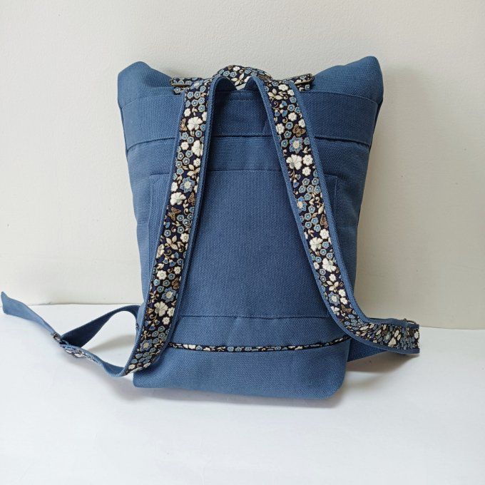 Sac à dos coursier toile coton Thèbes bleu acier / fleurs 