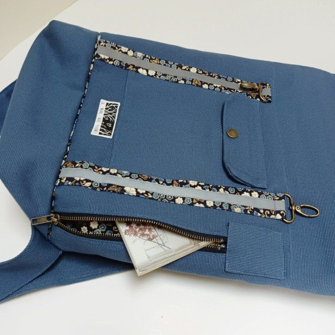 Sac à dos coursier toile coton Thèbes bleu acier / fleurs 