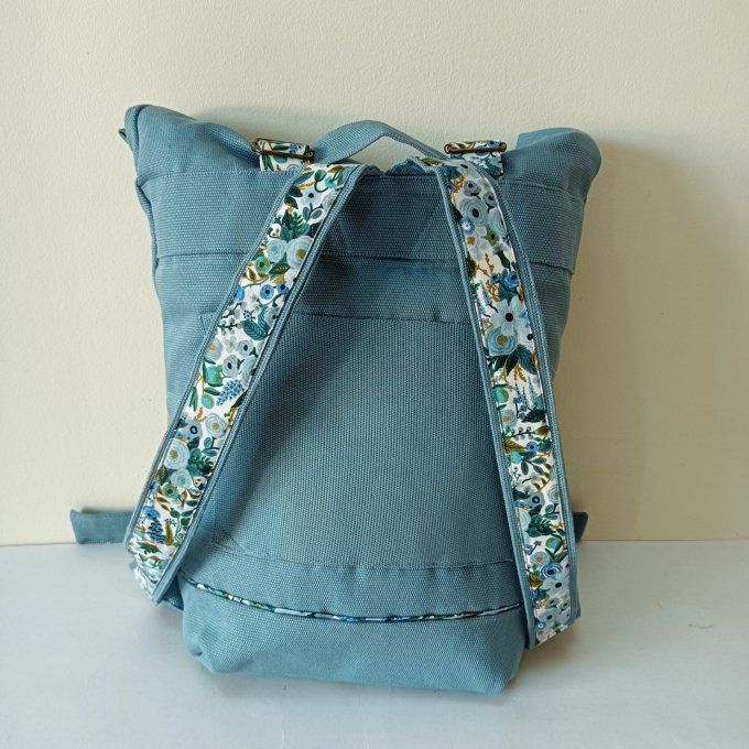 Sac à dos coursier toile coton Thèbes bleu clair/ fleurs