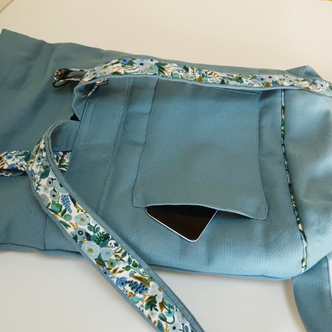 Sac à dos coursier toile coton Thèbes bleu clair/ fleurs