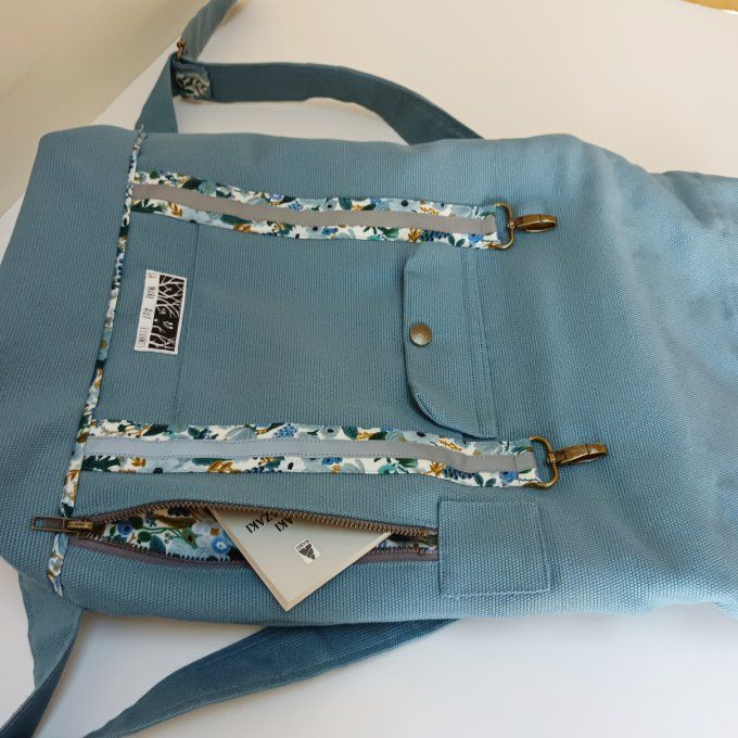 Sac à dos coursier toile coton Thèbes bleu clair/ fleurs