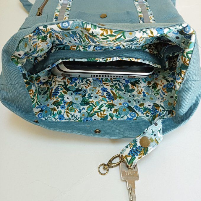 Sac à dos coursier toile coton Thèbes bleu clair/ fleurs