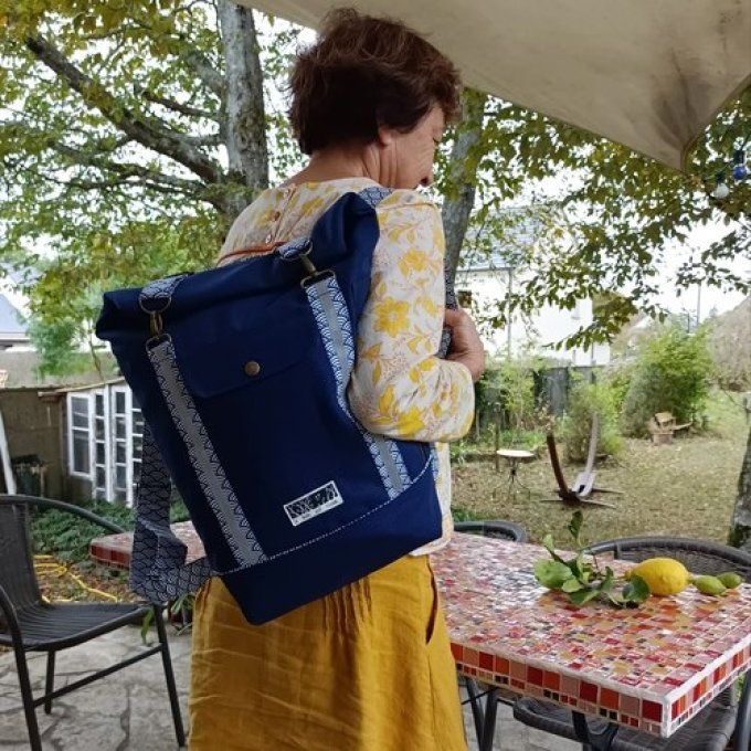 Sac a dos coursier-Coton Thebes bleu-Coton japonais vagues