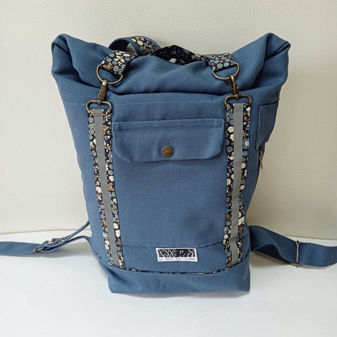 Sac à dos coursier toile coton Thèbes bleu acier / fleurs 