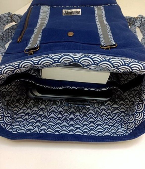 Sac a dos coursier-Coton Thebes bleu-Coton japonais vagues