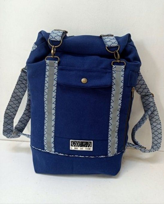 Sac a dos coursier-Coton Thebes bleu-Coton japonais vagues