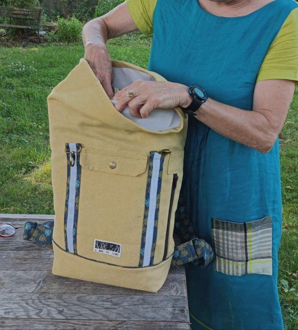 Sac à dos coursier toile Cayman jaune - coton feuilles bleu